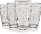 CREATIVELAND Colored Vintage Drinking Glasses Set of 4, 15.5 oz Romantic Embossed Water Glasses, Colored Tumblers Tempered Glass for Juice, Beverages, Beer, Cocktail (Gray)