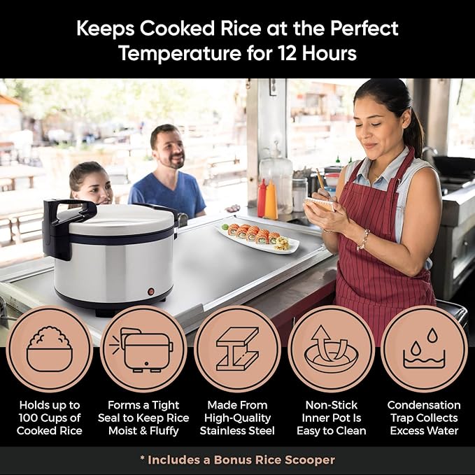 Tartle Commercial Rice Warmer and Soup Warmer - Warms 64 Cups Continuously for 12+ Hrs - Large Capasity, Non Stick & Keeps Rice Fluffy