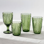 Vintage Green Drinking Glass, 12 oz Hand-Pressed Deep Textured Glass Cup, Fern Embossed Retro Glassware, Decorative Tumbler for Water, Cocktails & Juice, Boho Colored Kitchen Drinkware, Unique Gift