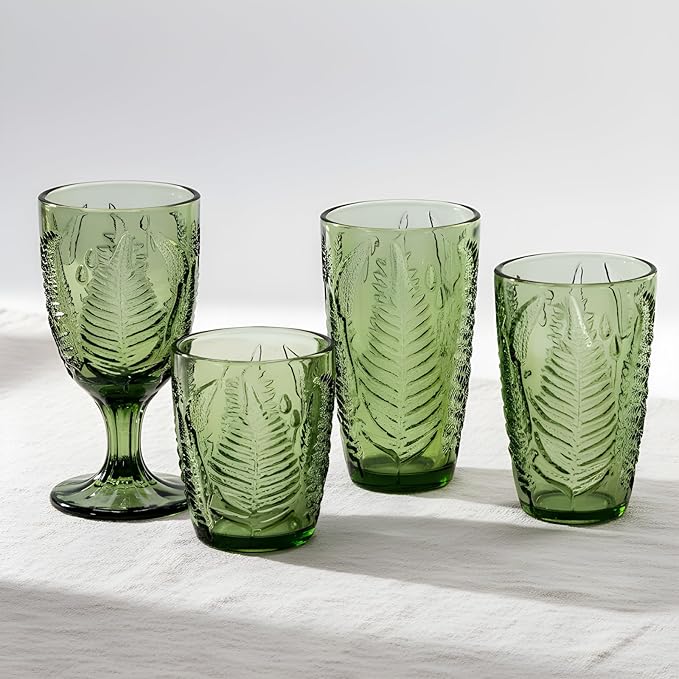 Vintage Green Drinking Glass, 12 oz Hand-Pressed Deep Textured Glass Cup, Fern Embossed Retro Glassware, Decorative Tumbler for Water, Cocktails & Juice, Boho Colored Kitchen Drinkware, Unique Gift
