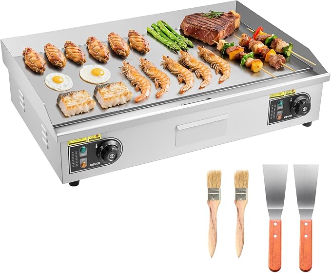 VEVOR Commercial Electric Griddle, 28.54 x 15.75 inches, 4400W, 122-570°F Adjustable Temp Control, Stainless Steel Body, Half Grooved Half Flat, with 2 Spatulas, 2 Brushes, and 4 Foot Pads, for Steak