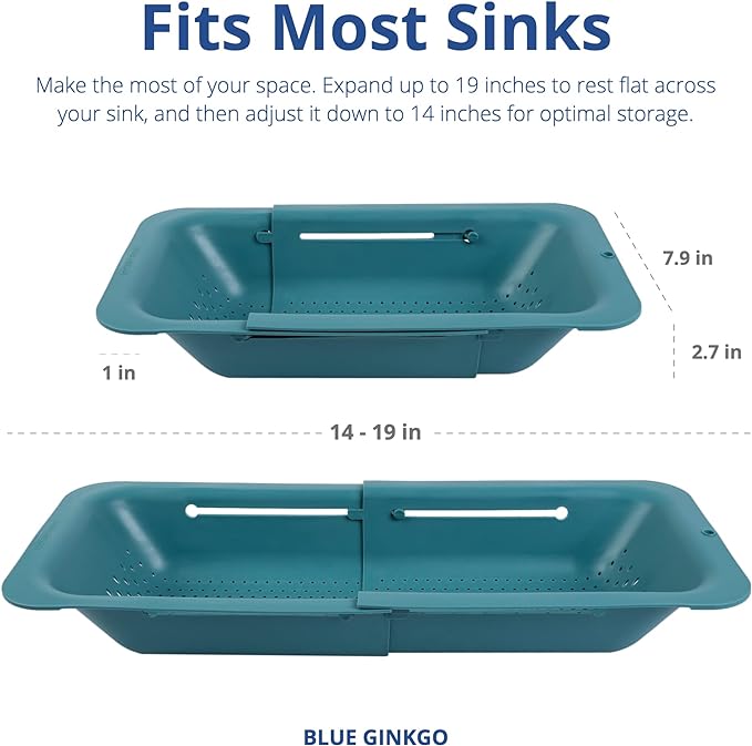 BLUE GINKGO Over the Sink Colander Strainer Basket - Wash Vegetables and Fruits, Drain Cooked Pasta and Dry Dishes - Extendable - New Home Kitchen Essentials (7.9 W x 14.5-19.5 L x 2.75 H) - Teal