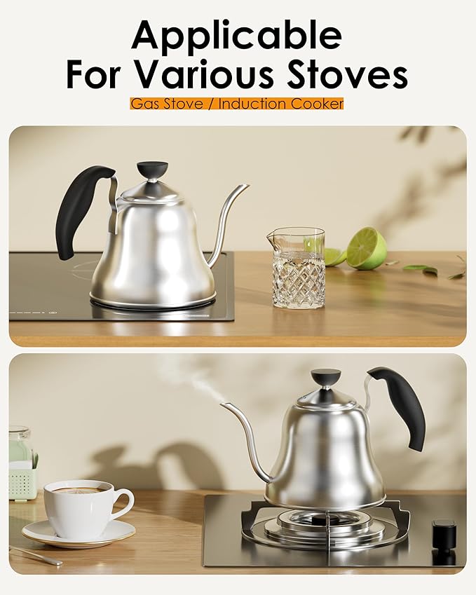 Coffee Kettle for Stove Top Premium Gooseneck Kettle, Pour Over Coffee Tea Pot, Stovetop Teapot, Hot Water Heater for Camping, Home & Kitchen, Stainless Steel - Small 28oz, Brushed