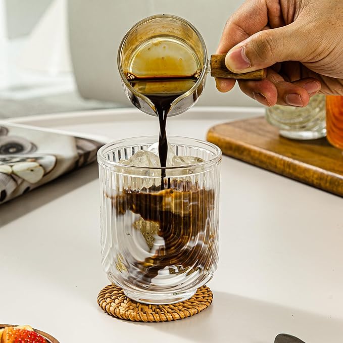 Ribbed Glassware Set of 8, 4 pcs Coffee Tumbler & 4 pcs Rocks Glass Cups, Durable Cocktails & Iced Coffee Cups, Versatile Drinkware for Juice, Smoothies, Whiskey, Wine, Elegant Glass Set for Women