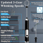Electric Double Whisk Milk Frother Handheld Black USB Rechargeable Drink Mixer, 3 Speeds Adjustable Electric Whisk Foam Maker Detachable for Coffee, Lattes, Matcha, Hot Chocolate