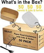 25OZ Paper Food Containers [with Lids & Forks] Disposable Meal Prep Containers 50 Pack Rectangle Take Out Box for Salad, Hot/Cold Food, Treat Serving Bowls for To Go Food, Office Lunch, Picnic, Party