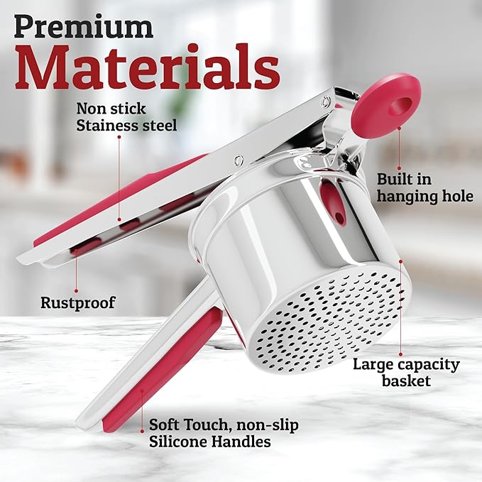 PriorityChef Large 15oz Potato Ricer, Heavy Duty Stainless Steel Potato Masher and Ricer Kitchen Tool, Press and Mash Kitchen Gadget For Perfect Mashed Potatoes - Everytime, Red