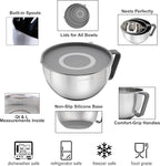 Rorence Mixing Bowls Set: Stainless Steel Non-Slip Bowls with Pour Spout, Handle and Lid - Set of 3 - Gray