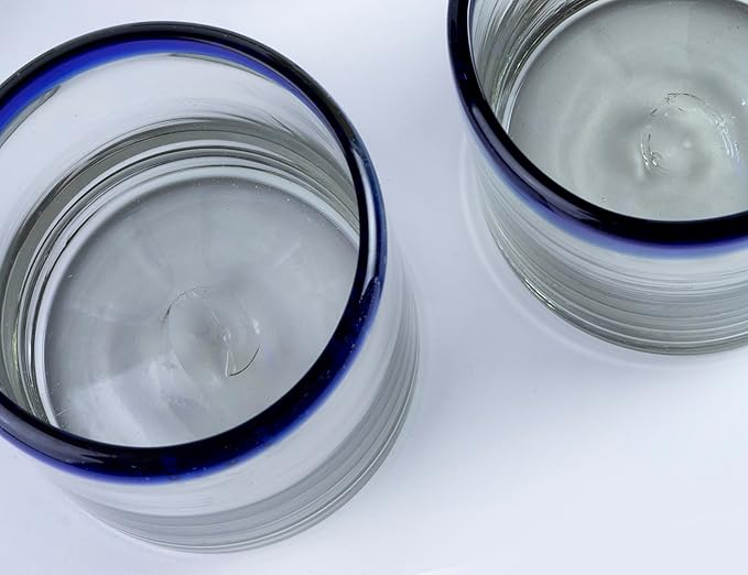 7 oz Hand Blown Mexican Drinking Glasses - Set of 2, 7 fl oz each, Cobalt-Blue Rim