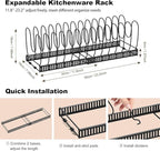 Housolution Pot and Pan Organizer Rack for Cabinet, Expandable Pot Lid Organizer Holder with 14 Adjustable Dividers, Fully Expanded Size 22.83" W x 7.09" D x 7.09" H, Black