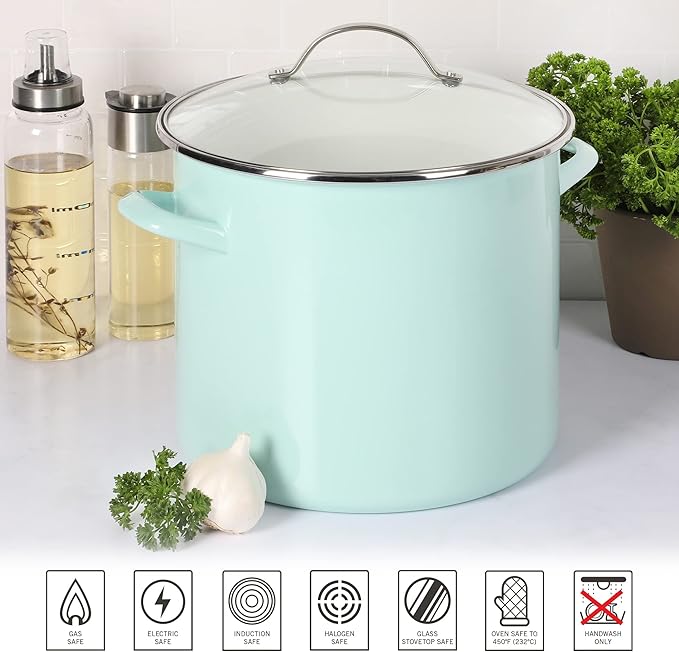 Martha Stewart Thayer 12-Quart Enamel on Steel Scratch-Resistant Stock Pot with Lid – Martha Blue – Durable Large Capacity Pot for Soups, Stews & Boiling