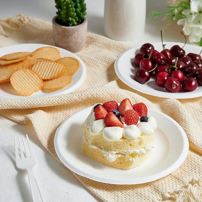 Vplus 100% Compostable Paper Plates, 200 Pack 7 Inch Disposable Paper Plates, Uncoated Biodegradable, Made of Sugar Cane Fibers, Perfect for Sandwich, Cake, and Snack