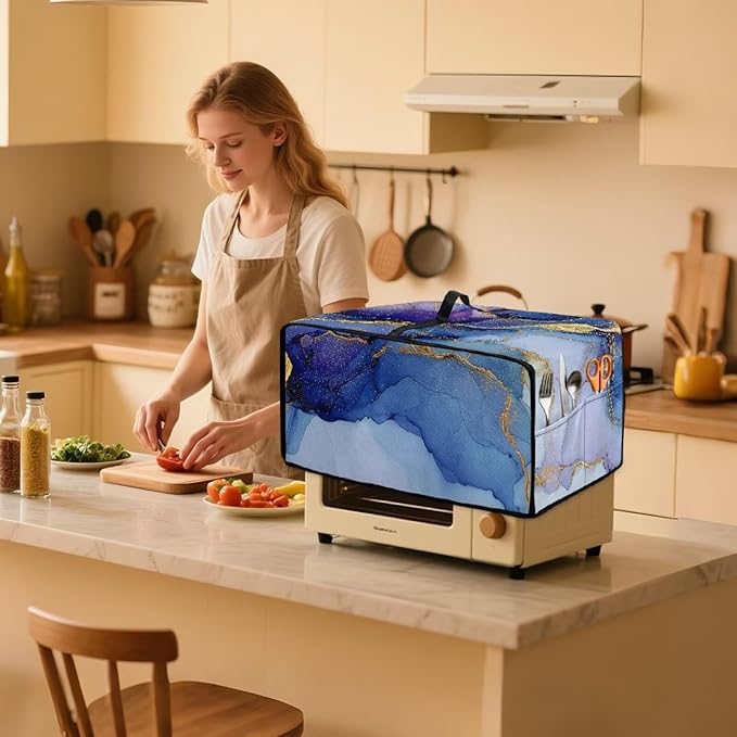 Marble Print Toaster Oven Dust Cover, Heavy Duty Heat-Resistant Cover for Kitchen Counter Small Appliances, with Accessory Pockets, Blue Violet Gold, (Medium-16.1*19.71*10 inches)