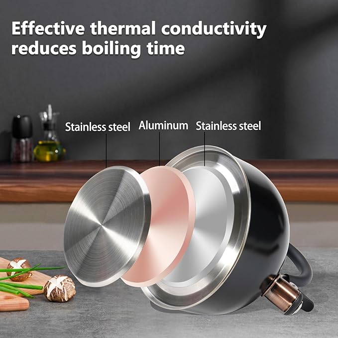 Tea Kettle,Whistling Tea Kettle Stovetop 2.6 Quart, Tea Pots for Stove Top Food Grade Stainless Steel,Wood Pattern Handle(Black),With Anti Scald Towel