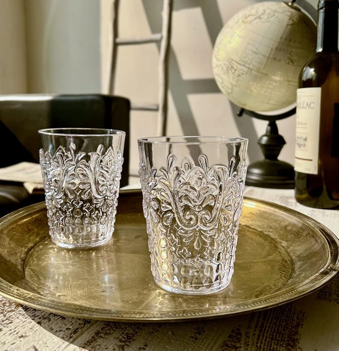 KLIFA- BLOIS- 15.2 ounce, Set of 6, Acrylic Tumbler Drinking Glasses, BPA-Free, Stackable Plastic Drinkware, Dishwasher Safe, Vintage Looking Cups, Clear