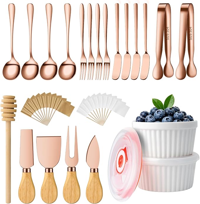 Charcuterie Boards Accessories Bowls with Lids, Cheese Butter Spreader Knife Set Mini Serving Tongs, Forks, Spoons,Dipping Bowls, Toothpick Flags, Honey Dippers For Party Platter Making (Rose Gold)