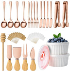 Charcuterie Boards Accessories Bowls with Lids, Cheese Butter Spreader Knife Set Mini Serving Tongs, Forks, Spoons,Dipping Bowls, Toothpick Flags, Honey Dippers For Party Platter Making (Rose Gold)