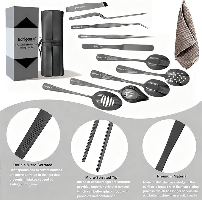| Plating Tools Culinary Set | 11 Piece Professional Chef Plating Tools Pro Kit | Kitchen Plating Utensils | Modernist Cuisine Food Art | Stainless Steel | Black (Black)