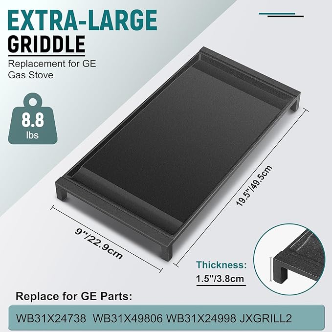 Upgraded WB31X24738 Cast Iron Griddle Replacement for GE Appliance Stove Range Cooktop, Nitrided Non-stick Coating, WB31X49806 Gas Stove Top Center Part for GE, 19.5"×9" Integrated Griddle Plate