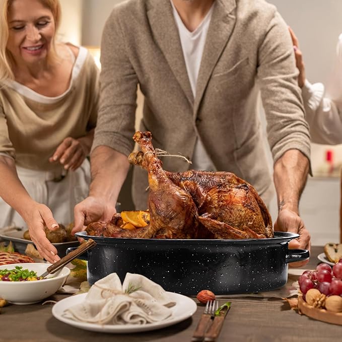 TOPZEA Granite Roasting Pan with Lid, 18" x 12.5" Turkey Roaster Pan Enameled on Steel Nonstick, Covered Oval Roaster Pot Oven Broiler Pan Cookware for Turkey, Chicken, Ham Meat Roast, Dishwasher Safe