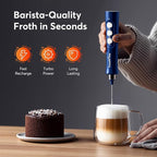 FoodVille MF02 Rechargeable Milk Frother Handheld Foam Maker with Stainless Whisk for Cappuccino, Latte, Bulletproof Coffee, Keto Diet, Protein Powder, Matcha (Classic Blue)