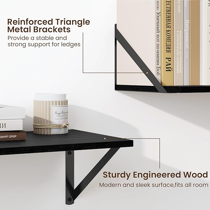 Fun Memories Deep Floating Shelves for Wall, 36W x 8D Wall Mounted Shelves Set of 2, Wide Display Ledge Shelf with Sturdy Metal Brackets for Living Room, Bathroom, Bedroom and Kitchen, Black