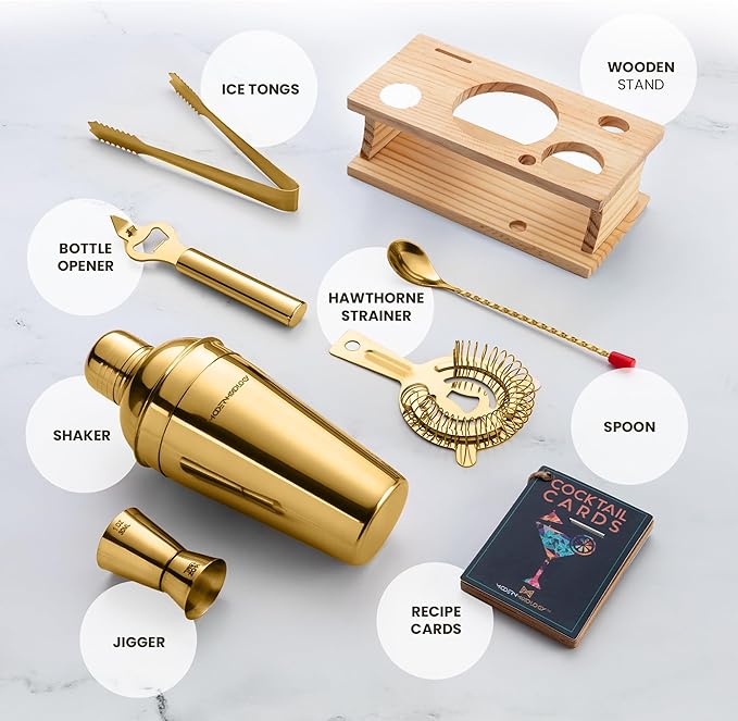 Modern Mixology Cocktail Shaker Set - Bartender Kit with Pine Stand | Leak-Proof Design | Includes Martini Shaker, Jigger, Strainer, Spoon, Tongs | Perfect Bar Tools Gift for Home Mixology (Gold)