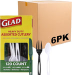 Glad Plastic Assorted Disposable Cutlery Set, Green, White and Black - Includes Forks, Knives, and Spoons - Set of Sturdy, Heavy Duty Party Utensils, 120 Count - 6 Pack