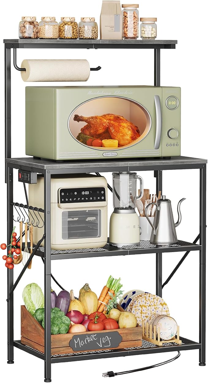 Huuger 4-Tier Bakers Rack with Reversible Power Outlet, 23.6 Inch Microwave Stand, Kitchen Coffee Bar, with Top Shelf, 6 S Hooks, Grey