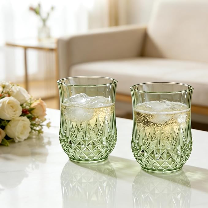 40 Pack Plastic Stemless Wine Glasses,12oz Unbreakable Vintage Elegant Drinking Glass Set,Reusable Fancy Cocktail Cups for Party, Wedding, and Bulk Events (40, 12oz-Sage Green)