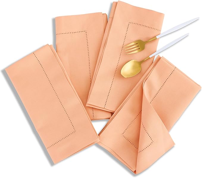 Solino Home Cotton Linen Napkins Set of 4 - Hemstitch Peach Bloom Dinner Napkins Cloth 20 x 20 Inch for Valentines - Handcrafted and Machine Washable