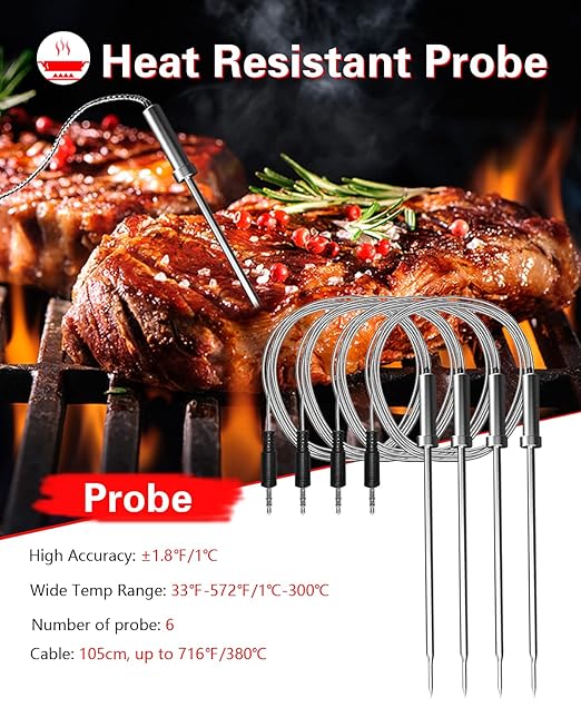 BFOUR Bluetooth Meat Thermometer Wireless Meat Thermometer, Wireless Digital Grill Thermometer with 6 Temperature Probes, Large LCD Display, Bluetooth Thermometer for Grill, Smoker, Oven and BBQ