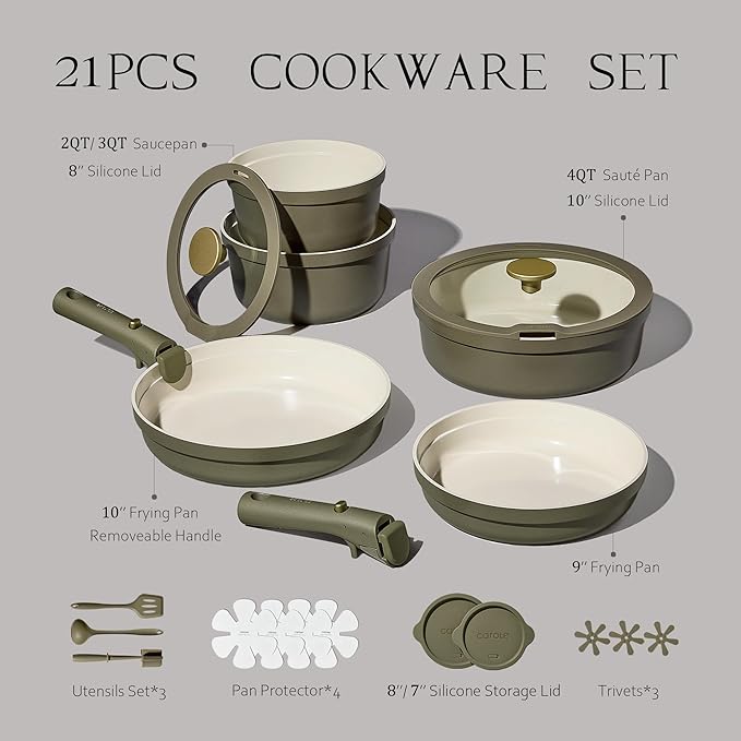 Carote 21pcs Ceramic Cookware Set with Detachable Handles, Pots and Pans Set Non Stick, RV Kitchen Cooking Pot and Pan, Dishwasher Safe, Non-toxic Induction Cookware PFAS and PFOA Free, Olive Green