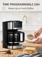 Ihomekee Coffee Maker, Programmable Drip Coffee Maker 12 Cup, Regular & Strong Brew Drip Coffee Machine with Iced Coffee Function for Home and Office, Black & Stainless Steel (Black,Silver)