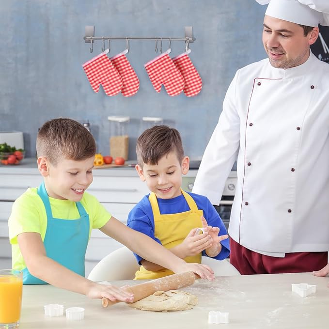 12 Pcs Kids Oven Mitts Toddler Oven Mitts Children Heat Resistant Kitchen Mitts Checkered Kitchen Oven Gloves Kids for Cooking Baking Microwave Child Play BBQ Grilling, Age 2-10(Red)