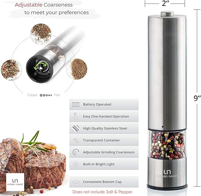Electric Salt and Pepper Grinder Set - Stainless Steel Battery Operated Salt & Pepper Mills with Light (Pack of 2) - Automatic One Handed Operation Adjustable Ceramic Grinders