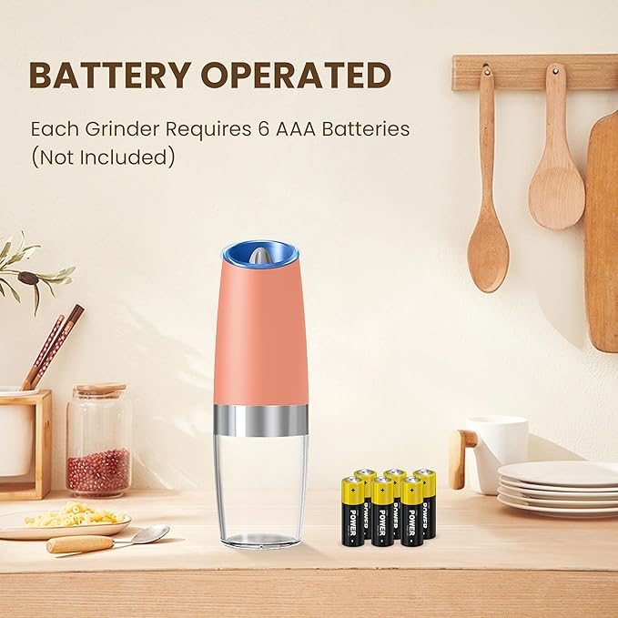 Gravity Electric Salt And Pepper Grinder Set, Automatic Salt And Pepper Grinder Set, Battery Powered (6 AAA Batteries Each), Adjustable Roughness, LED Light, 2 Pack, (Pink)