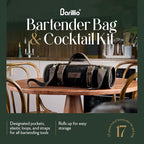 Barillio Bartender Kit Bag with Gold Cocktail Shaker Set - Waxed Canvas, Traveling Bar Tools Bag with 17-Pc Cocktail Kit - Travel Mixology Bartending Kits - Mobile Bar Roll with Strap & Accessories