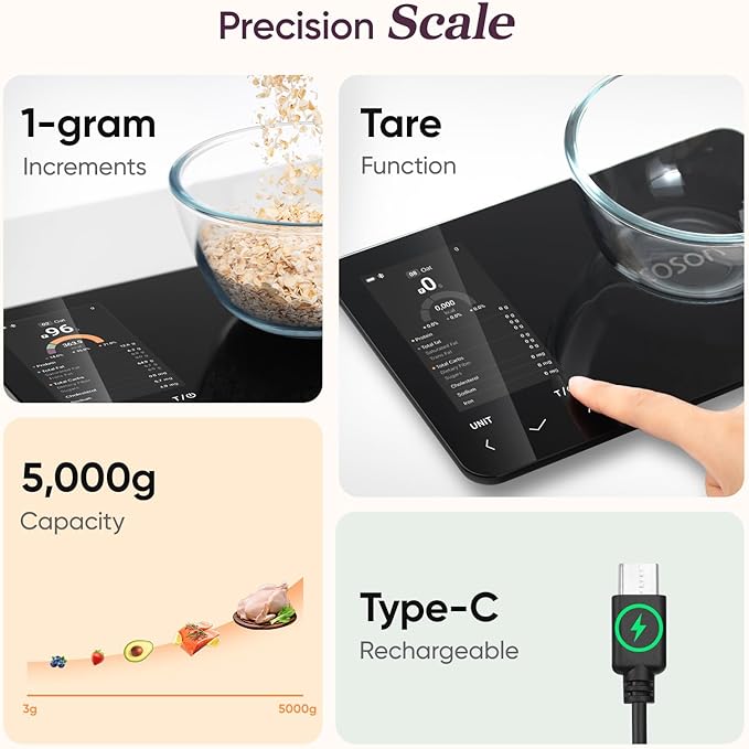 Cosori Smart Food Kitchen Scale with Nutritional Calculator, Free App for AI Scan, Calorie & Macro Tracking, Food Preload, On-Screen Nutrient Info, Personal Goals, Rechargeable, 11 lb / 5 kg