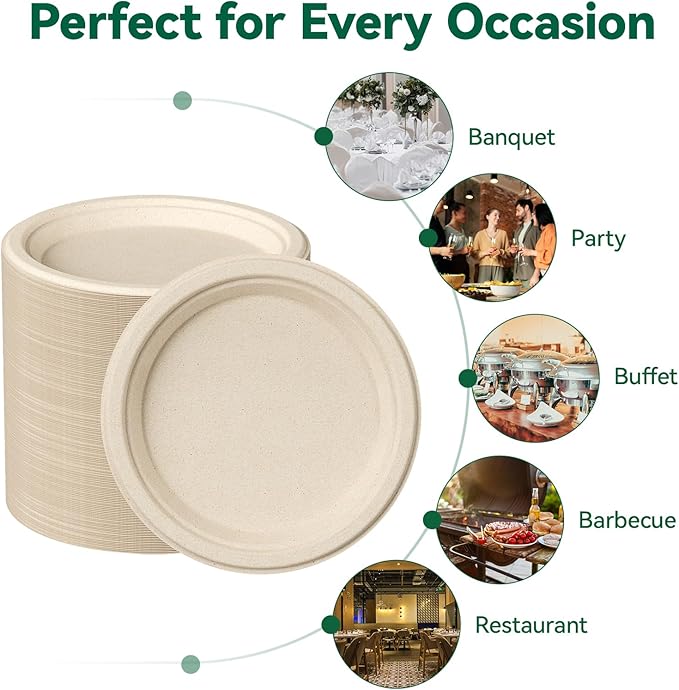 JOLLY CHEF 100% Compostable Paper Plates, 150 Pack 10 Inch Heavy Duty Plates, Disposable Biodegradable Eco-Friendly Sugarcane, Bulk Nature