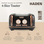 Haden Dorset 4 Slice Wide Slot Stainless Steel Toaster with Adjustable Browning Control & Non-Slip Feet, Black & Copper