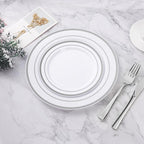 BESTVIP 50PCS Silver Plastic Plates, 10.25 Inch Disposable Dinner Plate Party with Silver Rim, Heavy Duty Disposable Plastic Plates for Christmas, Thanksgiving, Party, Wedding and Birthday
