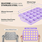 Mini Silicone Muffin Pan with Metal Frame, Non Stick Silicone Cupcake Pan with Handles 24 Cup, BPA Free Silicon Muffin Tin Tray Small for baking, egg bites, Cupcake Mold Purple