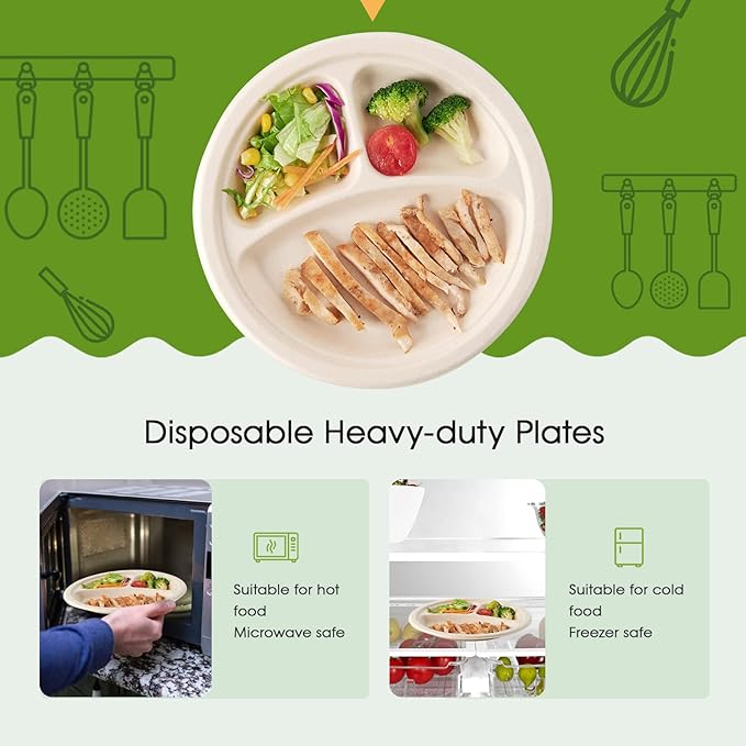ECOLipak 125 Pack 3 Compartment Plates Disposable, 10 inch Heavy-Duty Compostable Paper Plates Made of Eco-Friendly Sugar Cane Fibers
