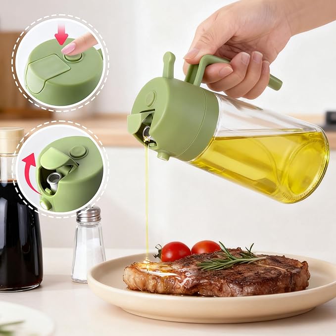 2Pcs Glass Oil Sprayer for Cooking 16oz/470ml, Kitchen Gadget for Air Fryer, Salad, BBQ, Frying（Black+Green）