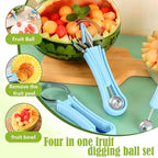 Suuker Melon Baller Scoop Set,Professional 4 In 1 Stainless Steel Fruit Carving Tools Knife Kit, Watermelon Knife for Ice Cream Melon,Dig Pulp Separator Fruit Slicer (Blue)