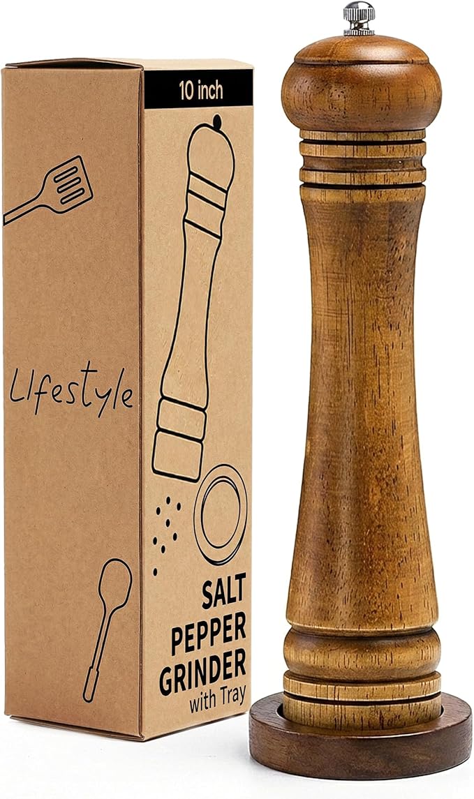 Wood Salt and Pepper Grinder, Salt Grinder and Pepper Mill, Oak Wood Shakers with Adjustable Ceramic Grinders (10″ - 1 Pack with Tray)