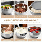 Deedro Premium Mixing Bowls with Airtight Lids Set, 22Pcs Thicker Stainless Steel Mixing Bowl Set, Large Prep Metal Bowls, Non-Slip Silicone Base Nesting Bowls for Kitchen, 1.5/2/3/4/5 QT, Gray