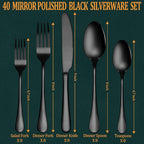 40 Pcs Black Silverware Set, Stainless Steel Flatware Set for 8, Food-Grade Cutlery Set, Mirror Polished Tableware Eating Utensils Set for Home Kitchen, Include Knife Fork Spoon Set, Dishwasher Safe