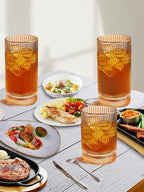 Ribbed Glassware Vintage Drinking Glasses 12Pcs Set （6 Highball Glasses 16Oz And 6 Rocks Glasses 13Oz） Amber Ribbed Glass Cups For Iced Coffee, Cocktails, Juice, Beer, Everyday Drinking